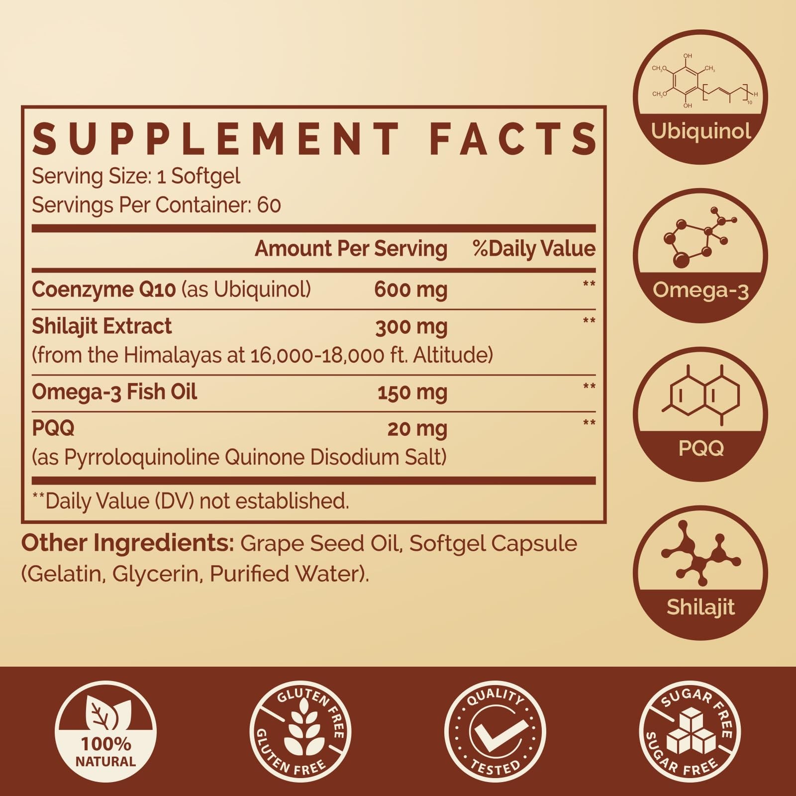 Ubiquinol CoQ10 600 MG Softgels with Omega-3 & Shilajit 60 Count (Pack of 1)