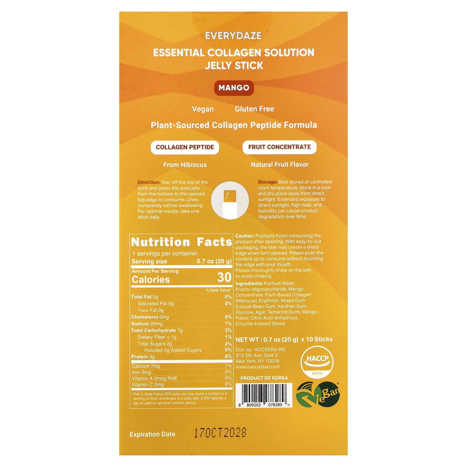 Essential Collagen Solution Jelly Stick, Mango, 3,000 mg, 10 Sticks, 0.7 oz (20