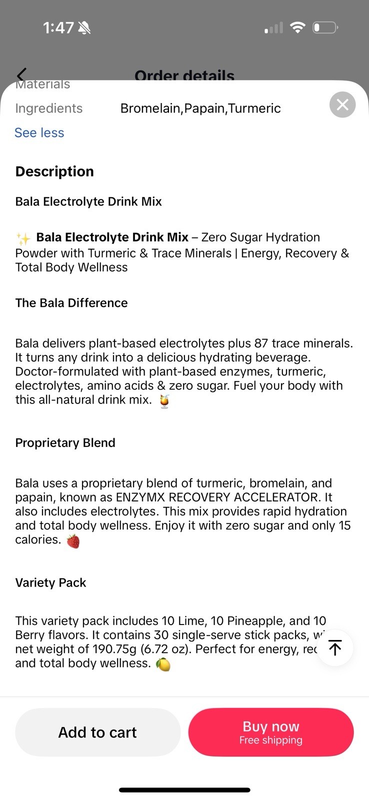 Bala Electrolyte Drink Mix Zero Sugar Hydration Powder With Tumeric New