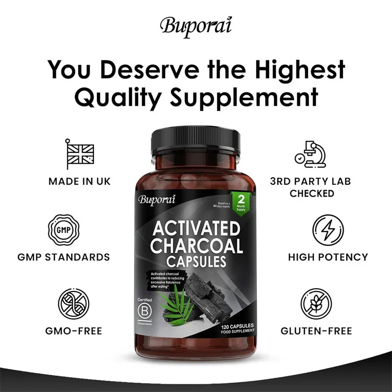 Activated Charcoal 120pcs, Detoxification, Relieve Bloating, Supports Gut Health
