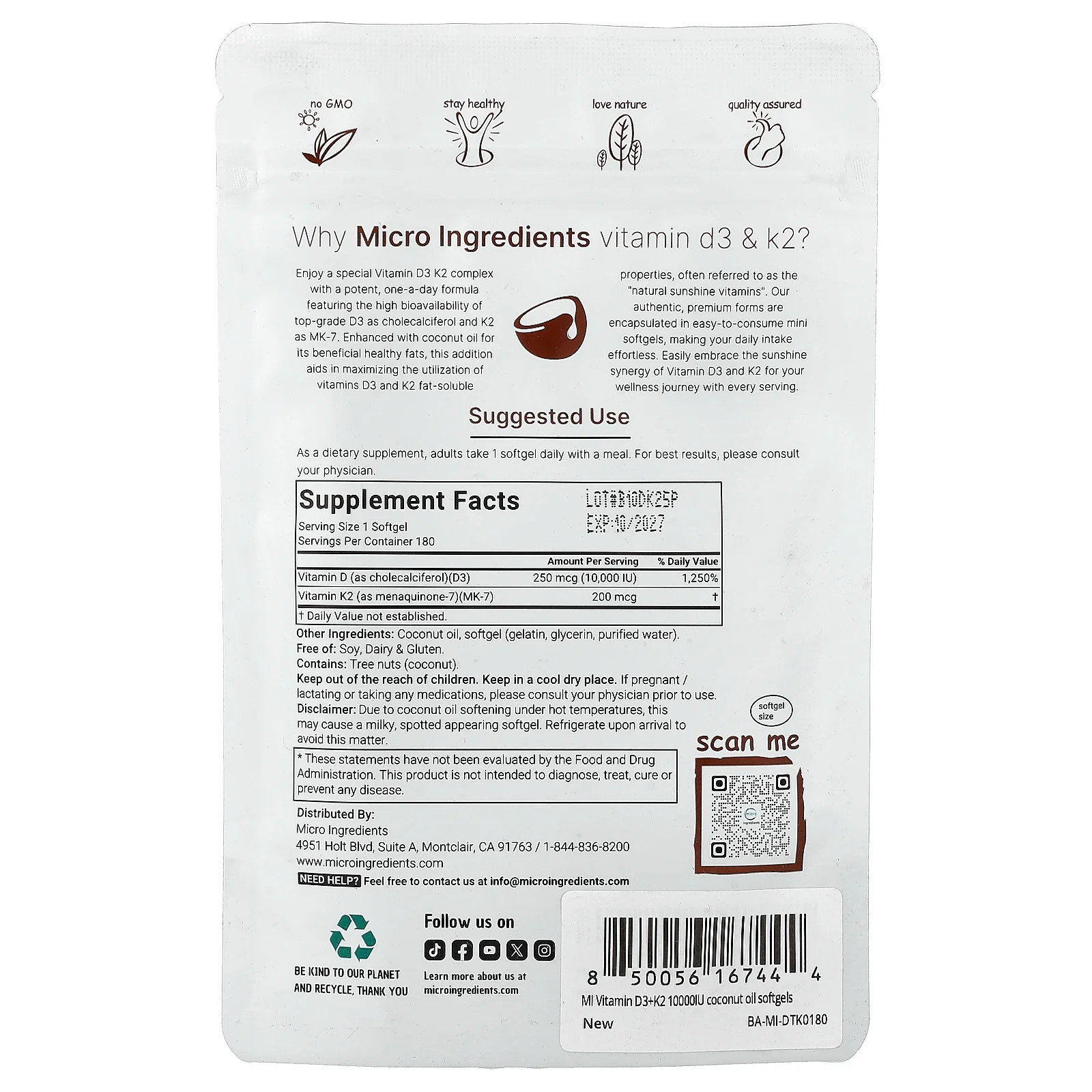 2 X Micro Ingredients, Vitamin D3 & K2, 180 Softgels