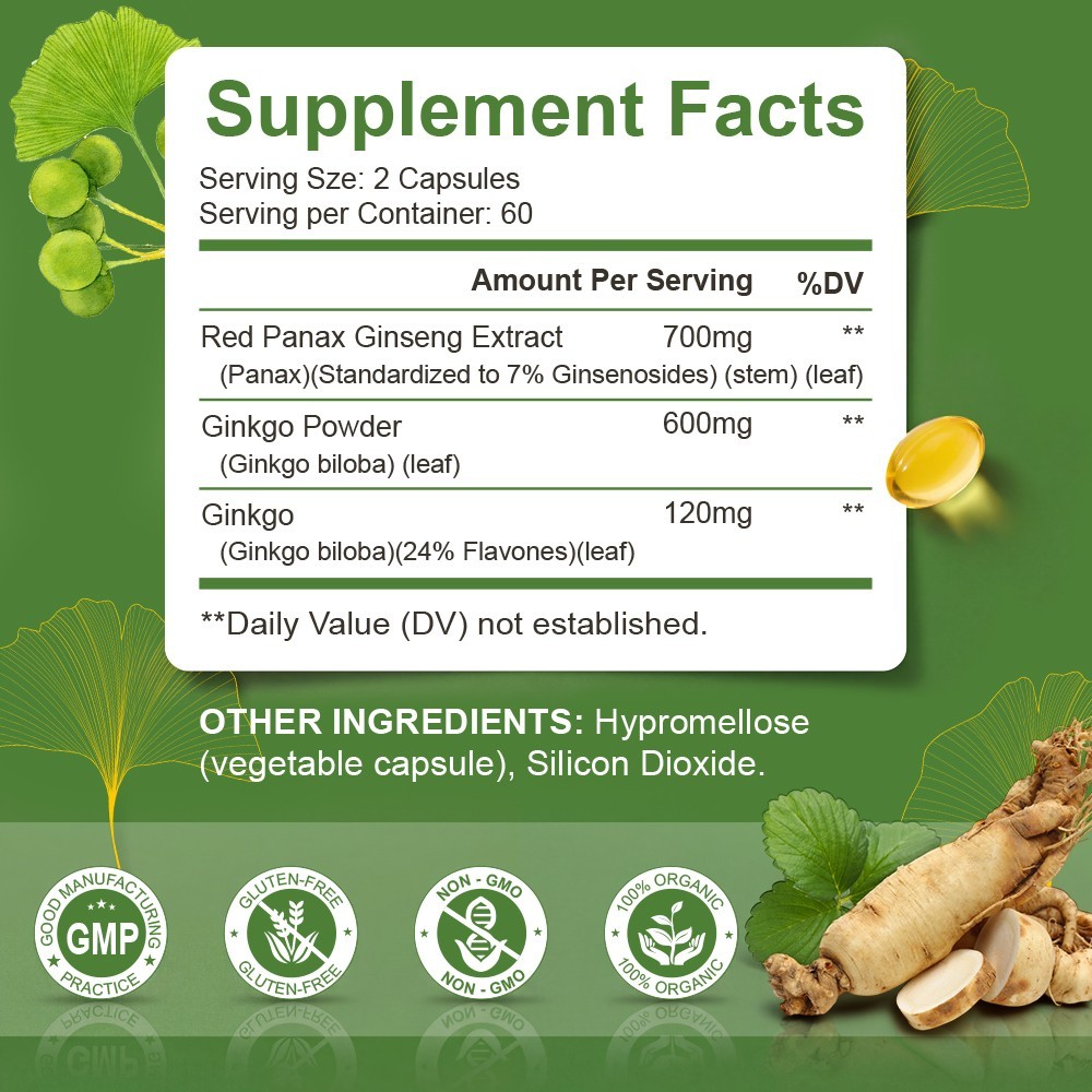 Ginkgo Biloba + Ginseng Extract Red Panax Focus Brain Memory Metabolism Booster
