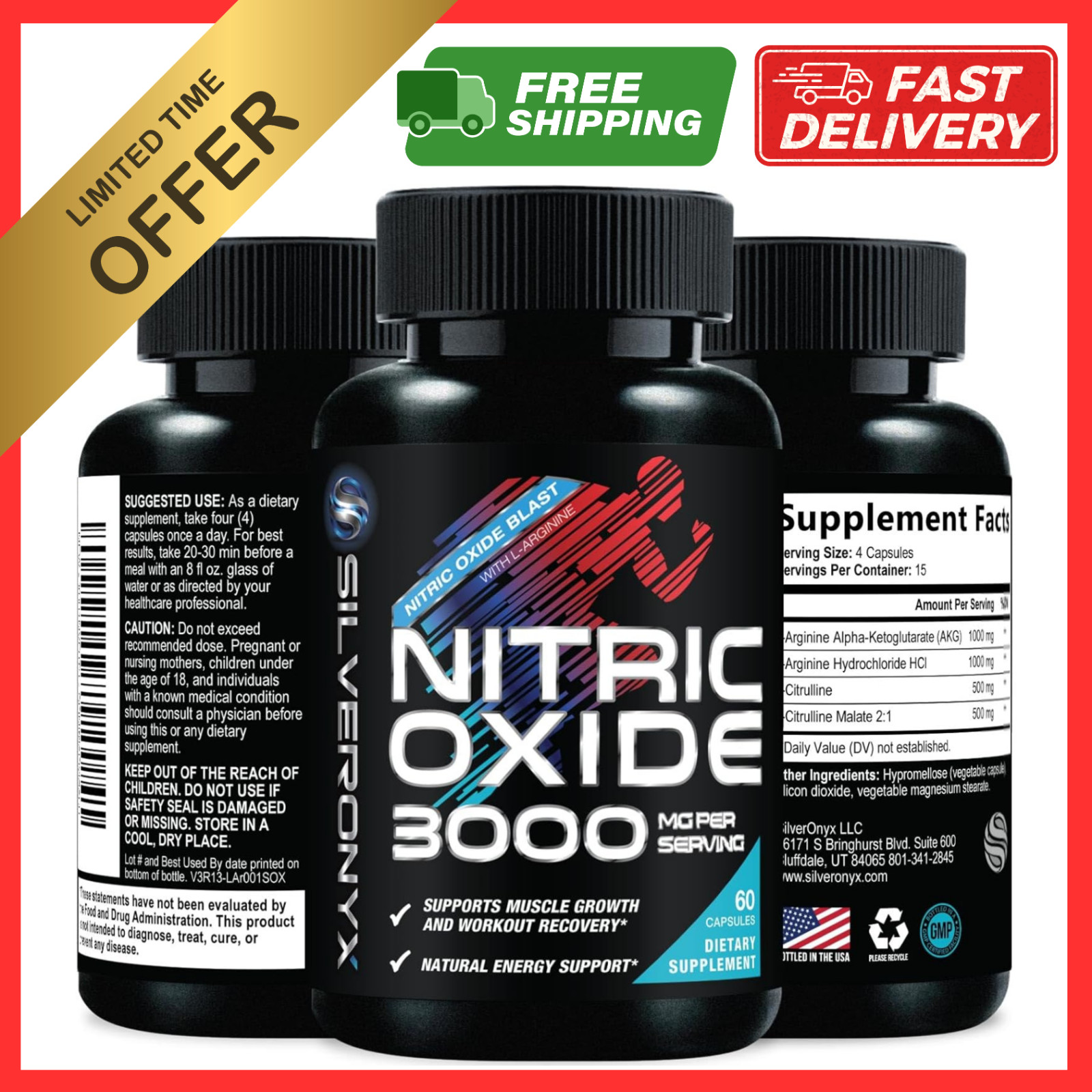 60 Capsules 3000mg Nitric Oxide Booster | L-Arginine AKG Citrulline Pre Workout