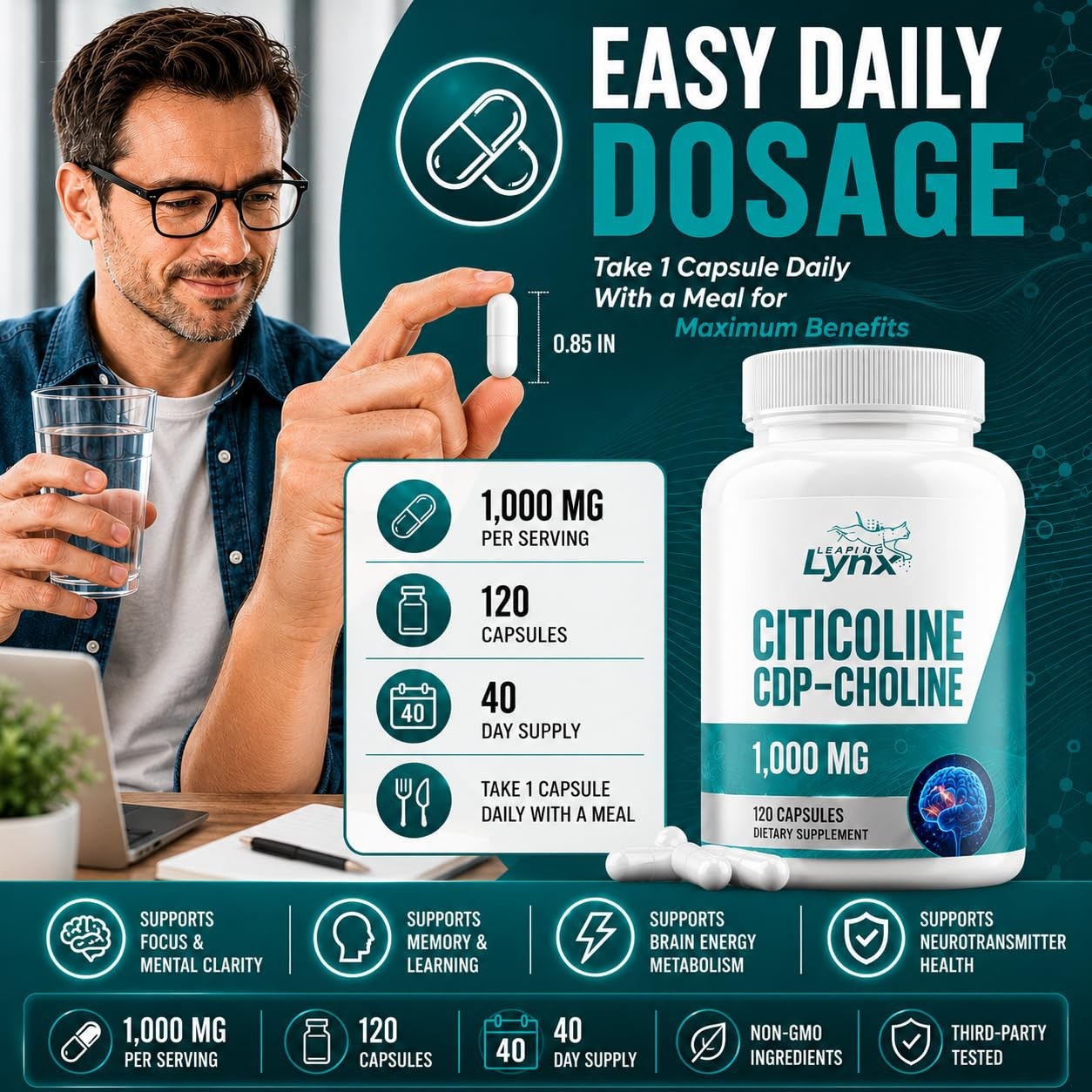 Leaping Lynx Citicoline 1000 mg (CDP Choline) Capsules 120 Count (Pack of 1)