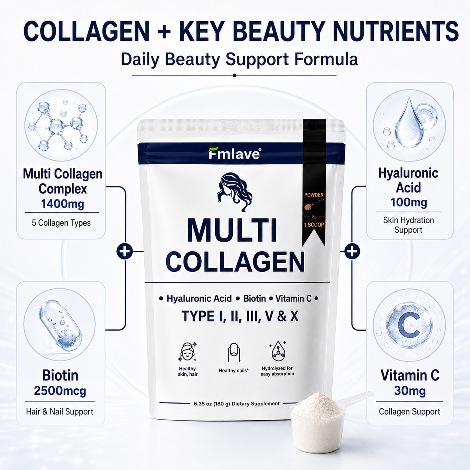 Multi Collagen Peptides Powder Type I II III V X VitaminC Biotin Hyaluronic Acid