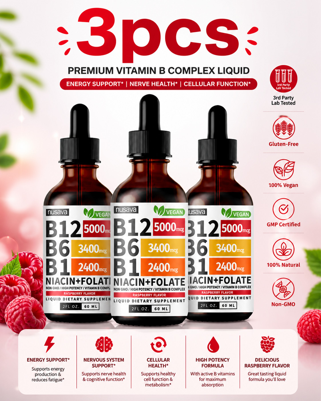 NUSAVA Vitamin B12 Drops – 3 Pack – 5000mcg – Raspberry – 80 Servings++