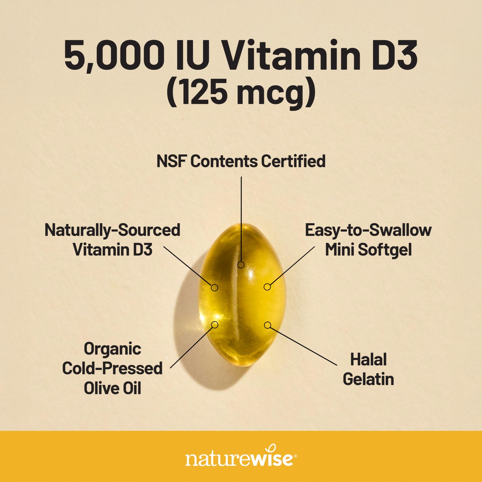 NatureWise Vitamin D3 5000iu (125 mcg) 200-Day 200 Count (Pack of 1), Yellow