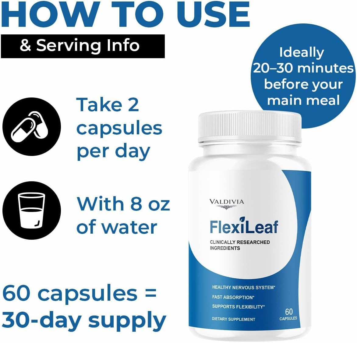 FlexiLeaf Blood Sugar Support Supplement Capsules Glucose Natural 1 Pack 60Ct
