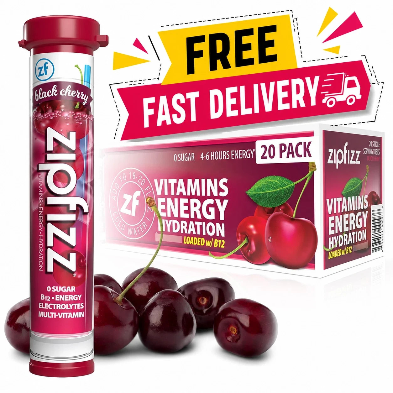 Zipfizz Daily Energy Drink Powder, Black Cherry, 20 Pack 3-in-1 Sustained Energ
