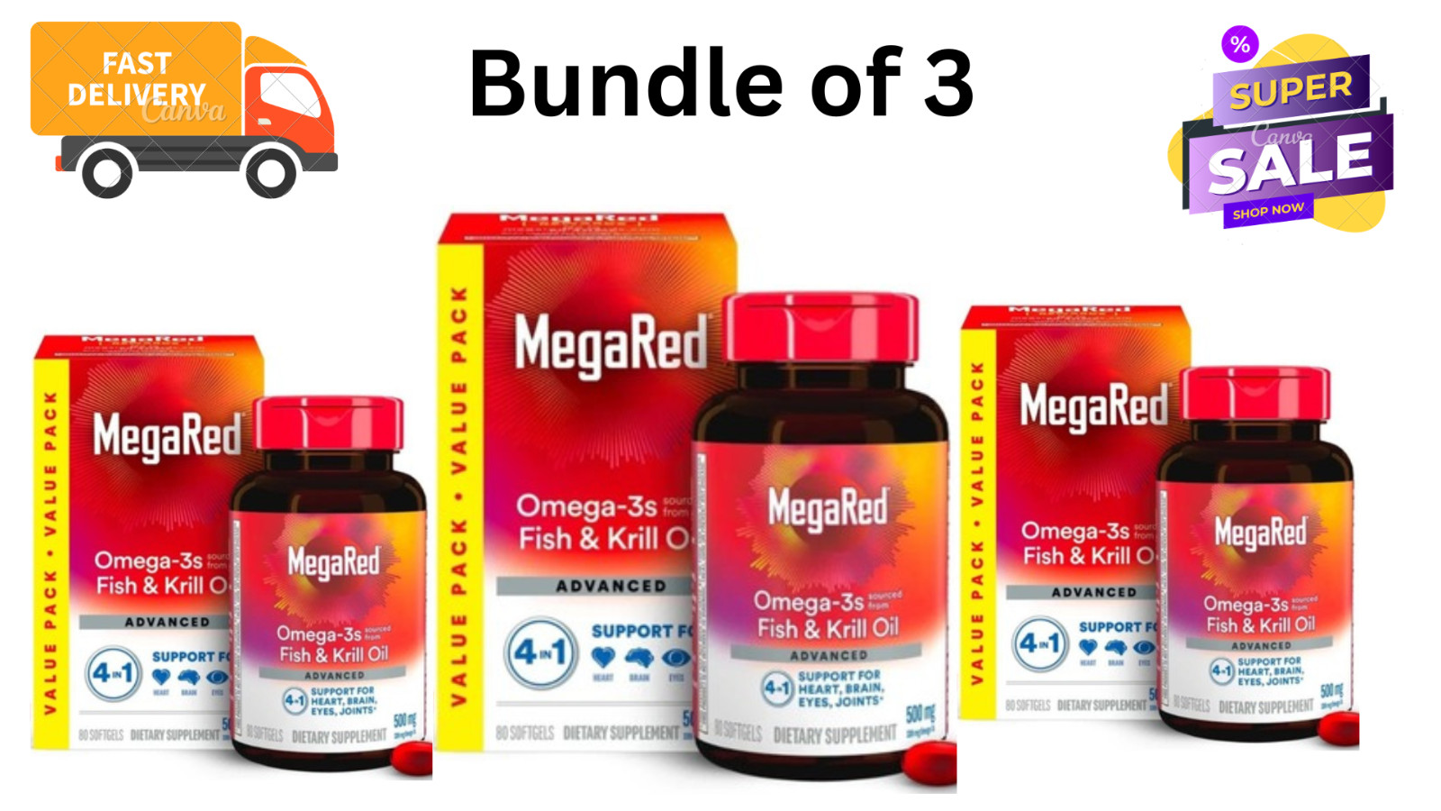 Bundle of 3 MegaRed Advanced Omega-3s Fish & Krill Oil 500mg 80 Softgel FreeShip
