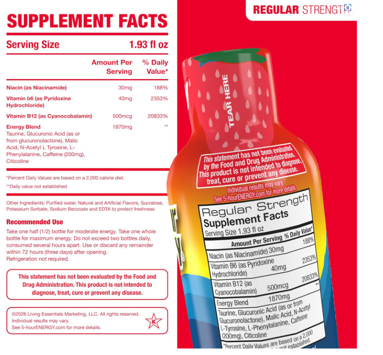 5 Hour Energy Berry 20 Pack 1.93oz Energy Shot Sugar Free Zero Calorie