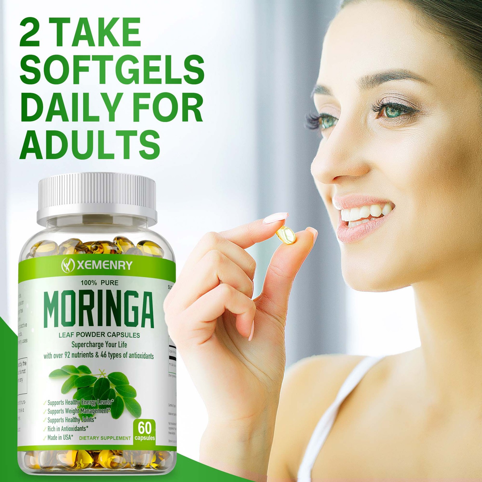 Moringa Capsules 1000mg – Organic,Natural,Anti-aging,Weight Loss,Green Superfood