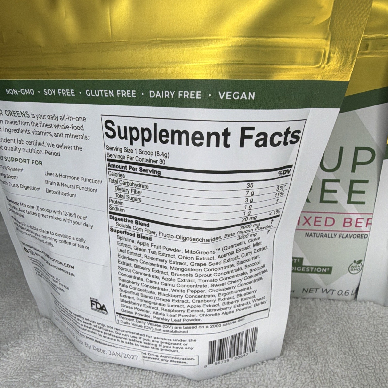 Transformation Super Greens Mixed Berries Powder Vegan Gluten Free 0.6lb 252g
