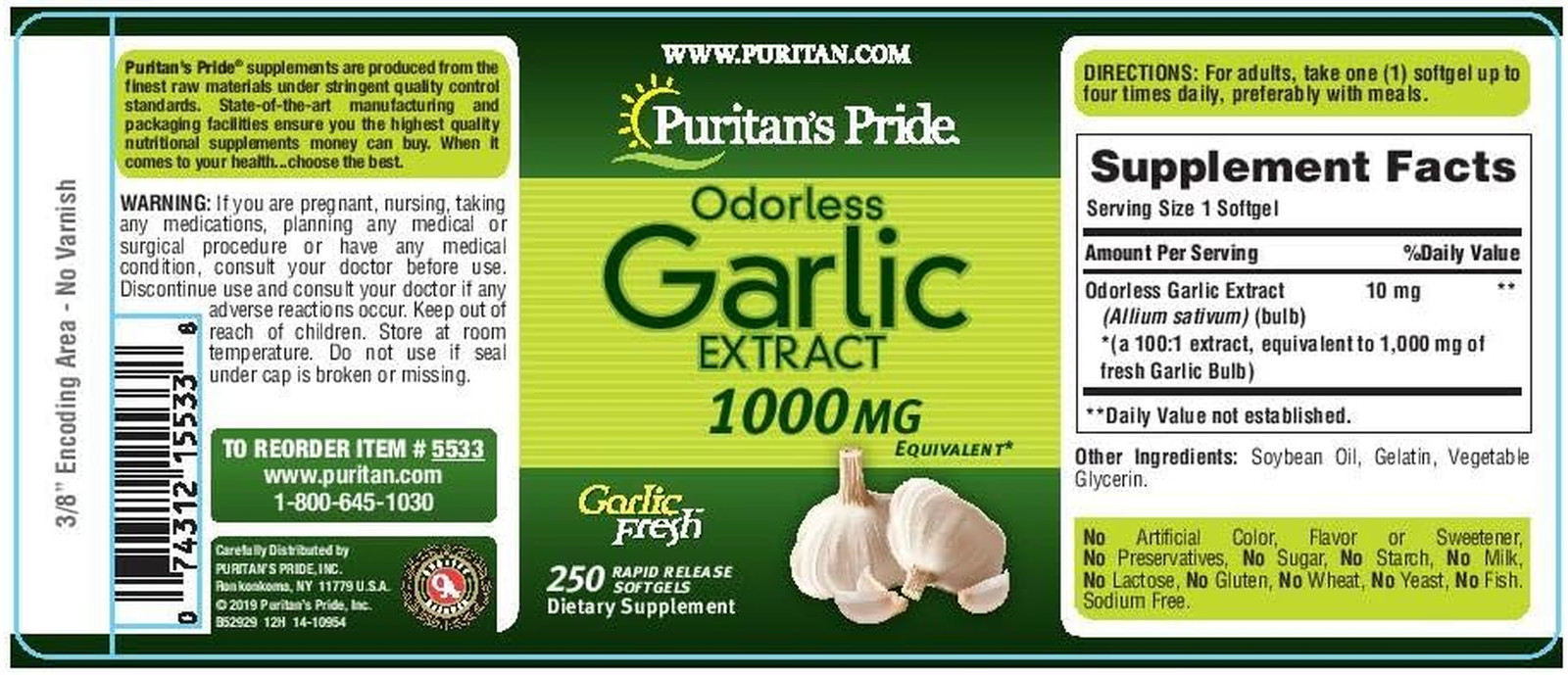 Puritan’s Pride Odorless Garlic 1000 Mg, Rapid Release Softgels, Premium