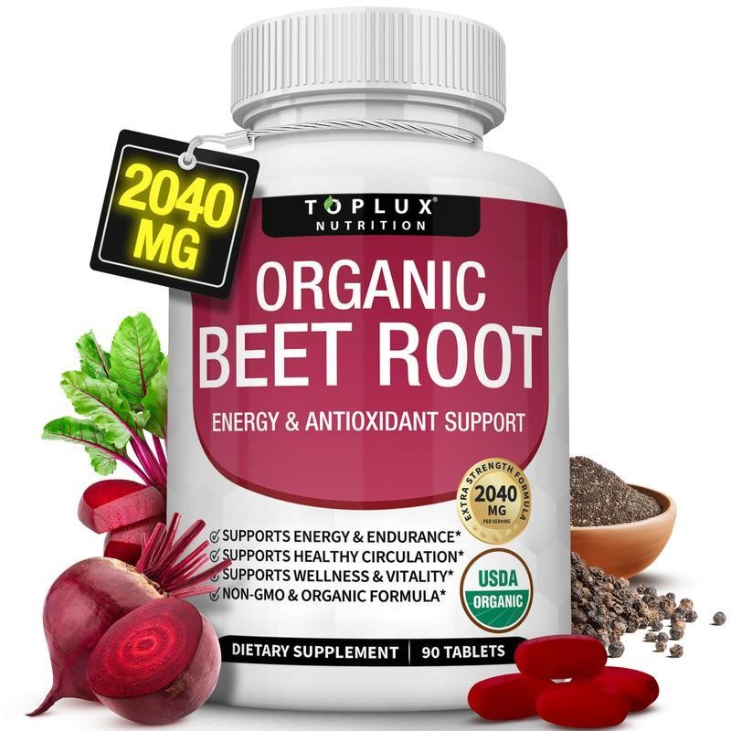 Toplux Organic Beet Root 2040mg Black Pepper Energy Endurance 90ct
