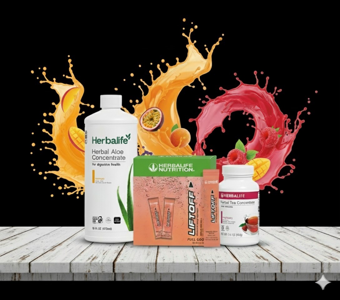 Herbalife Raspberry Tea 3.6 oz +Mango Aloe Pint+30 Tropical Force Liftoff Sticks