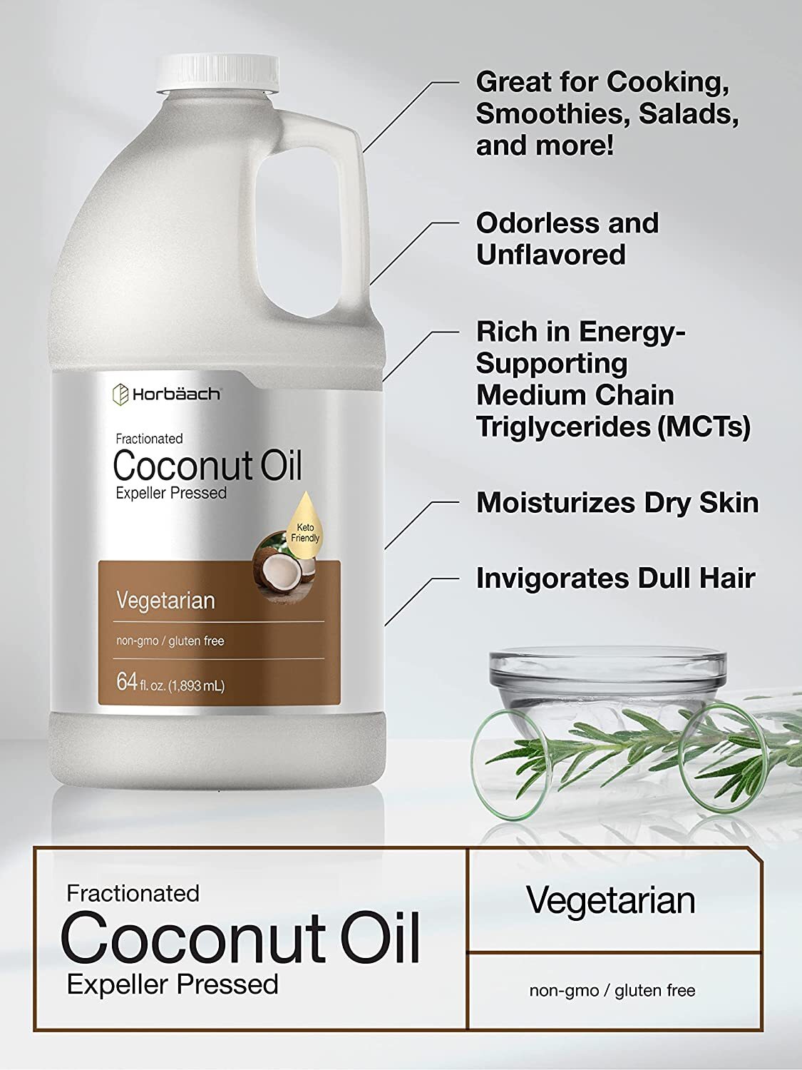 Liquid Coconut Oil 64oz | Keto-Friendly, Fractionized, Vegetarian | by Horbaach
