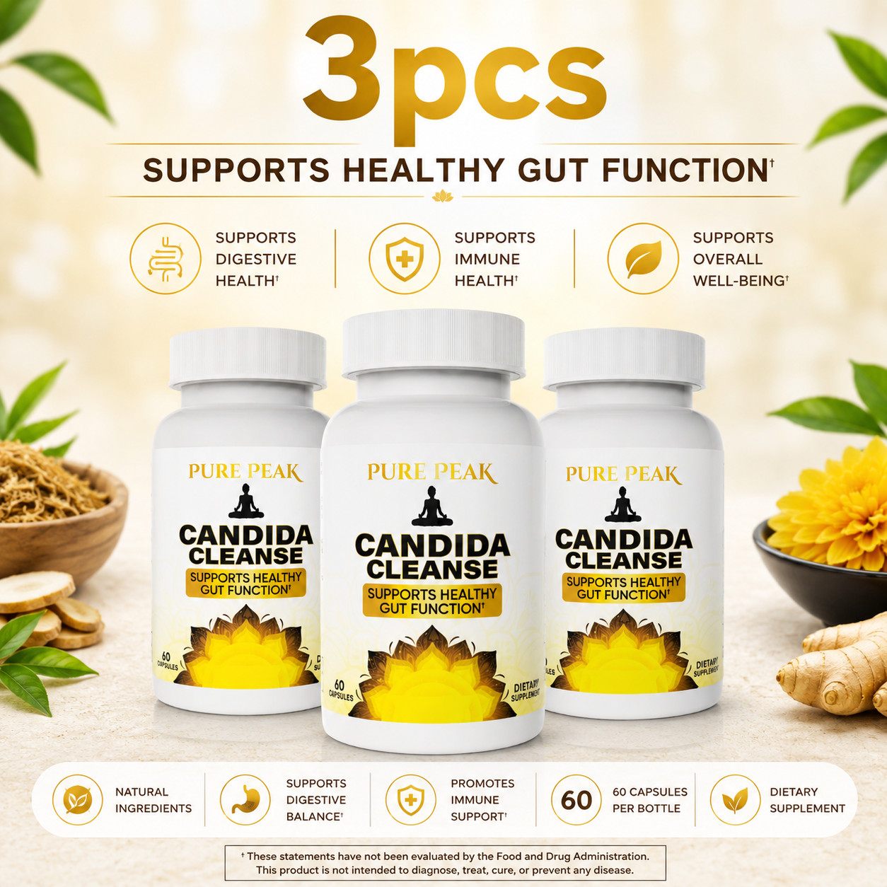 3-Pack Pure Peak Candida Cleansing Formula – Boost Gut & Colon Wellness – 180