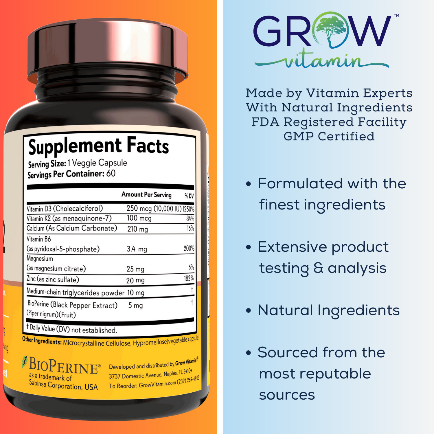 Grow Vitamin Organic Vitamin D3 & K2 w/MCT Oil (10,000 IU) MK7 – 60 capsules