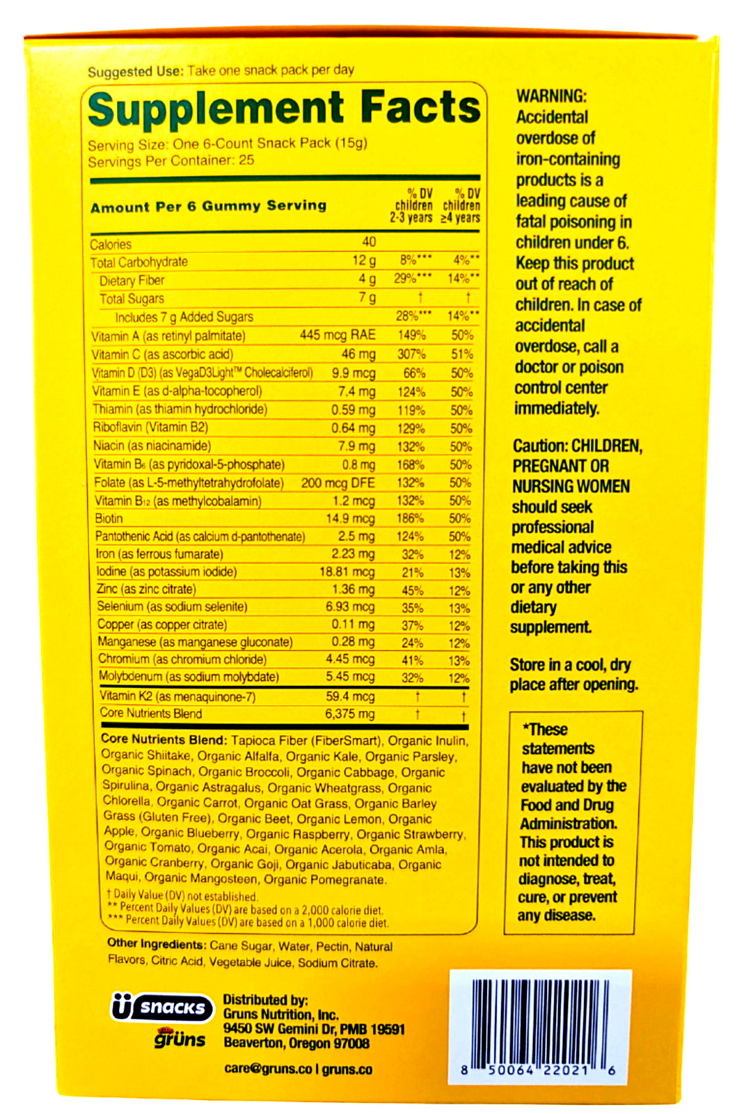 Gruns Kids Organic Superfood Greens Multivitamin Gummies 25 Ct EXP 02/2027