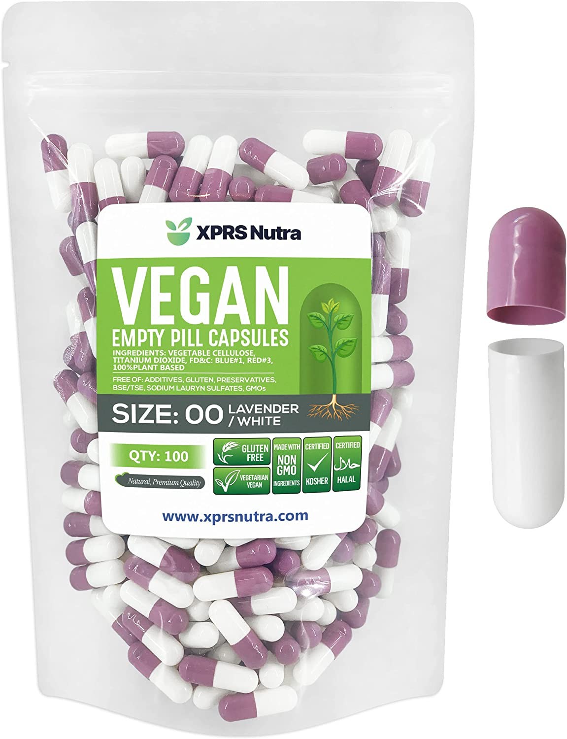 Size 00 Lavender/White Empty Vegan Capsules Vegetarian Veggie Kosher Pills Caps