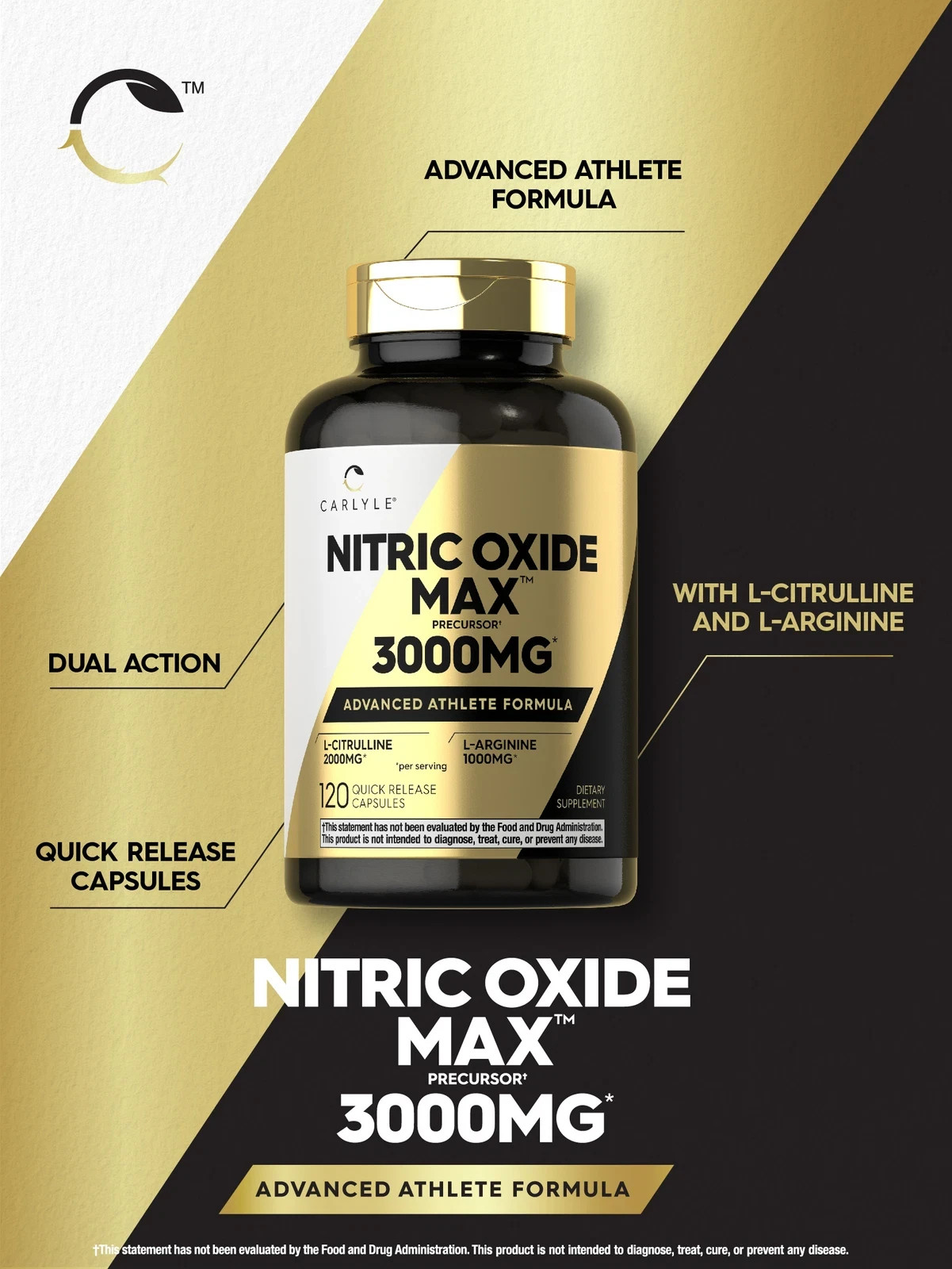 Carlyle Nitric Oxide Capsules 3000mg Pre Workout Supplement 120 Count