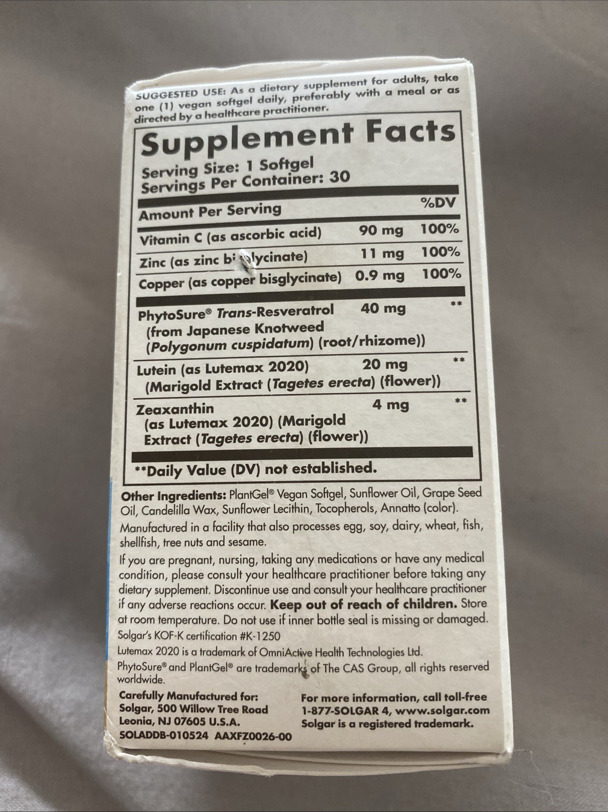 Solgar Digital Defense, Lutemax 2020 + Resveratrol, 30 Vegan Softgels BB 5/2026