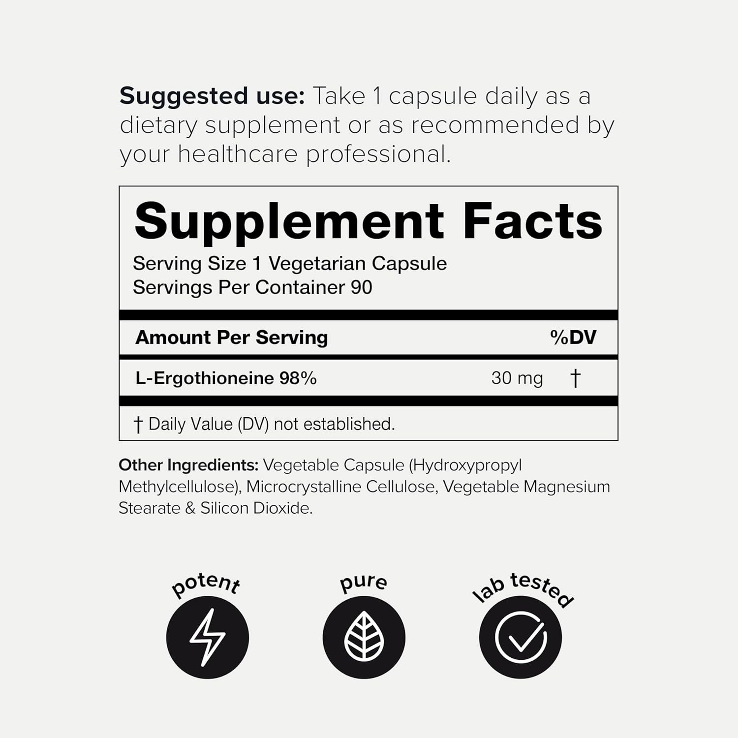 Ergothioneine – Ultra High Potency 30mg with 98% Purity 90 Count (Pack of 1)