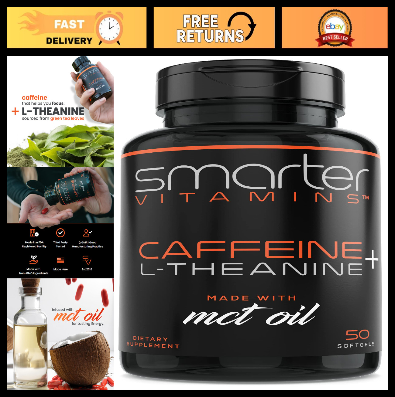 200mg Caffeine Pills with MCT Oil & L-Theanine – Energy, Focus, 50 Softgels
