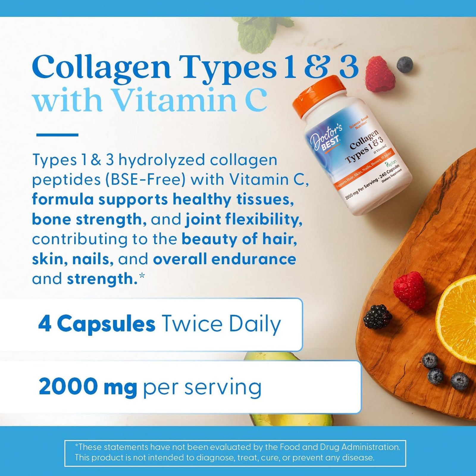 Doctor’s Best Collagen Types 1 & 3 with Vitamin C, 240 Count (Pack of 1)