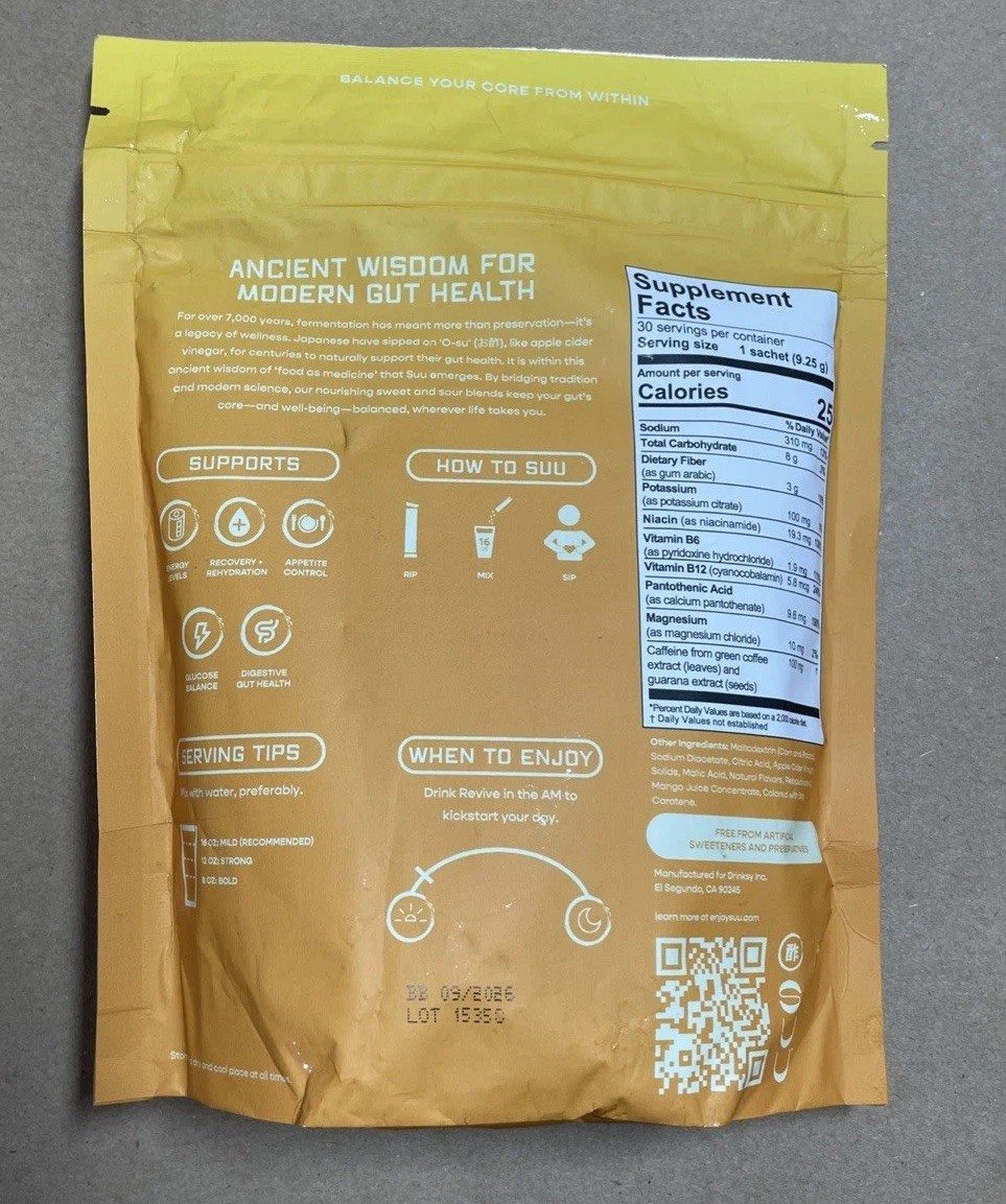 SUU Revive Mango Passionfruit Drink Mix Supplement 9.79 Oz BB 9/2026