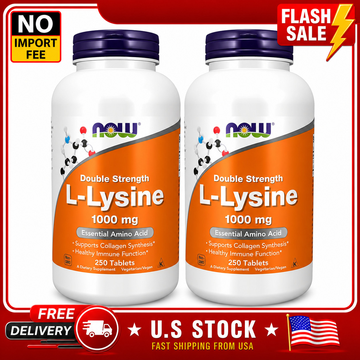 NOW Foods L-Lysine 1000mg Double Strength 250 Tablets Vegan Amino Acid 2 Pack