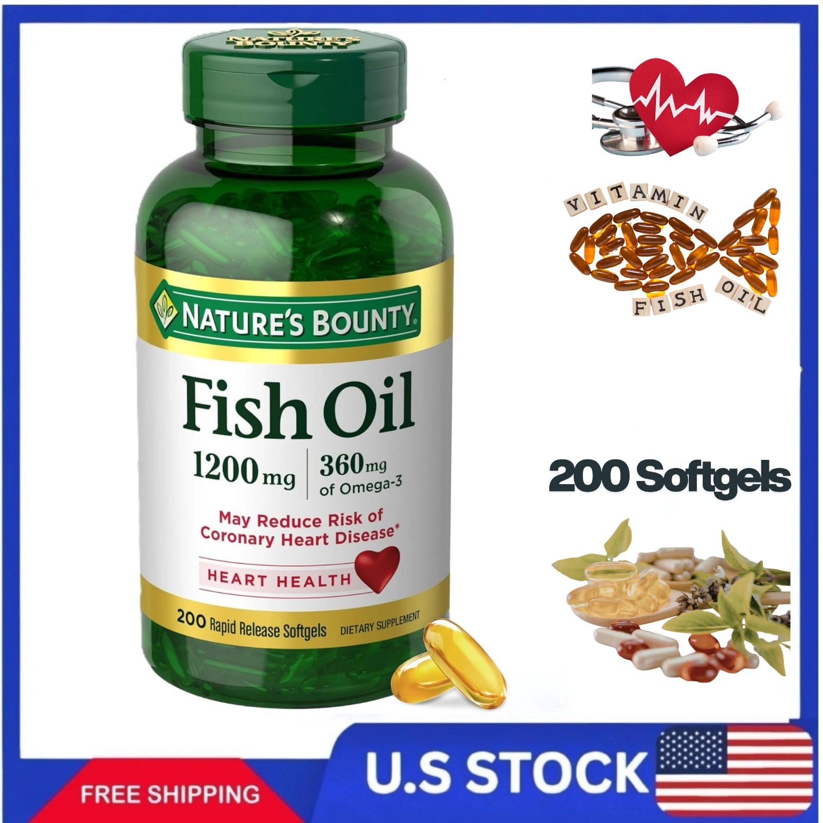 Nature’s Bounty Fish Oil 1200mg Omega-3 Softgels, Heart Health Support, 200 Ct