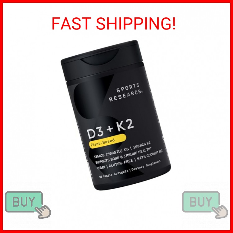 Sports Research® Vitamin D3 + K2 w/ Coconut Oil – Vegan Vitamin D 5000iu & Mk7 V