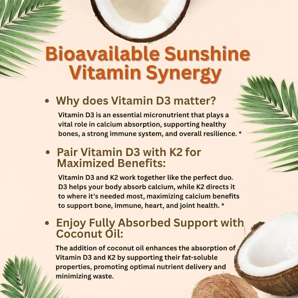 Vitamin D3 10000 iu Plus K2 (MK-7) 200 mcg, 300 Virgin Coconut Oil Softgels NEW