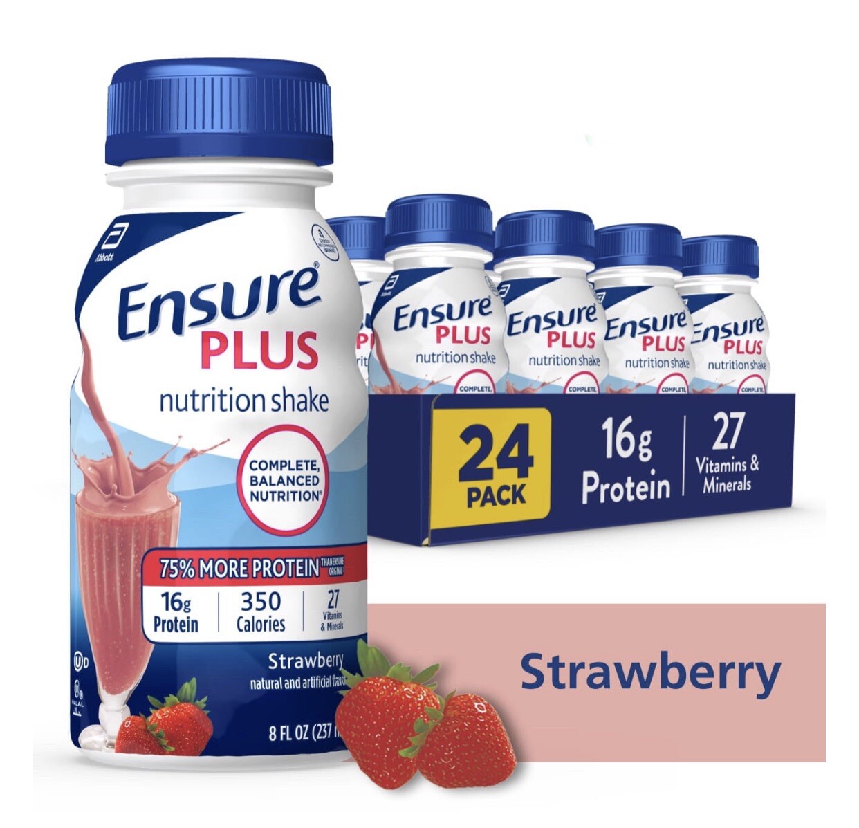 Ensure Plus Nutrition Strawberry Shake 8 fl.oz. 24 pk~27 Vitamins & 16g Protein