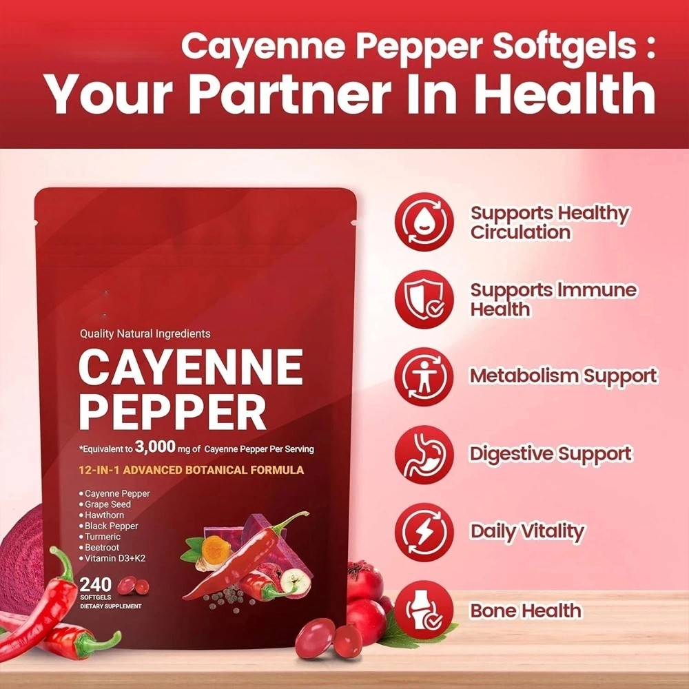3PCS Cayenne Pepper Softgels Supplement,Supports Leg Vein,Heart and Blood Vessel