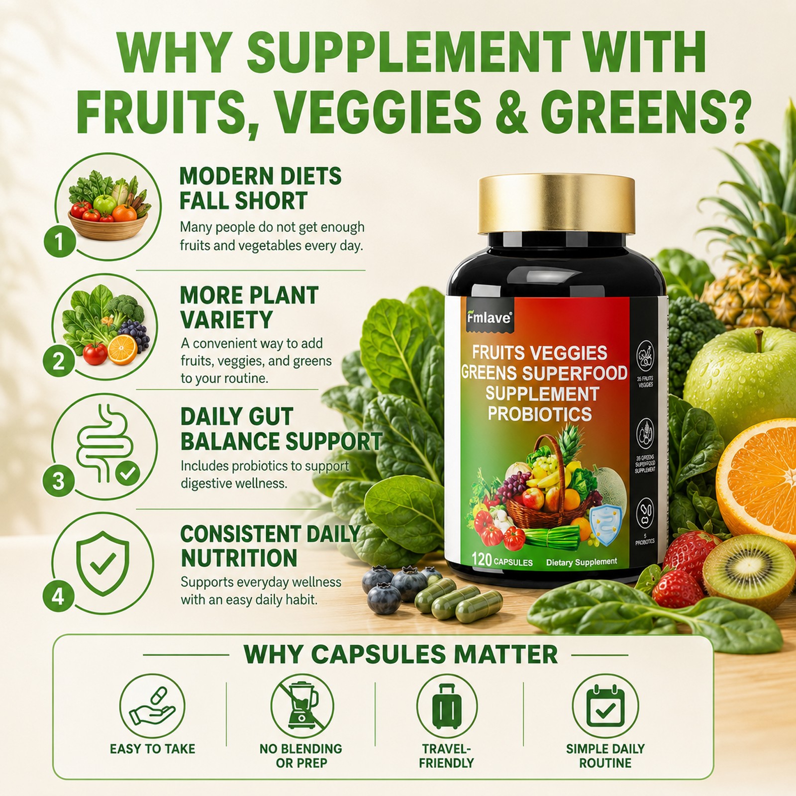 Super Fruit & Vegetable Supplements – Organic Whole Superfood & Probiotics 120ct