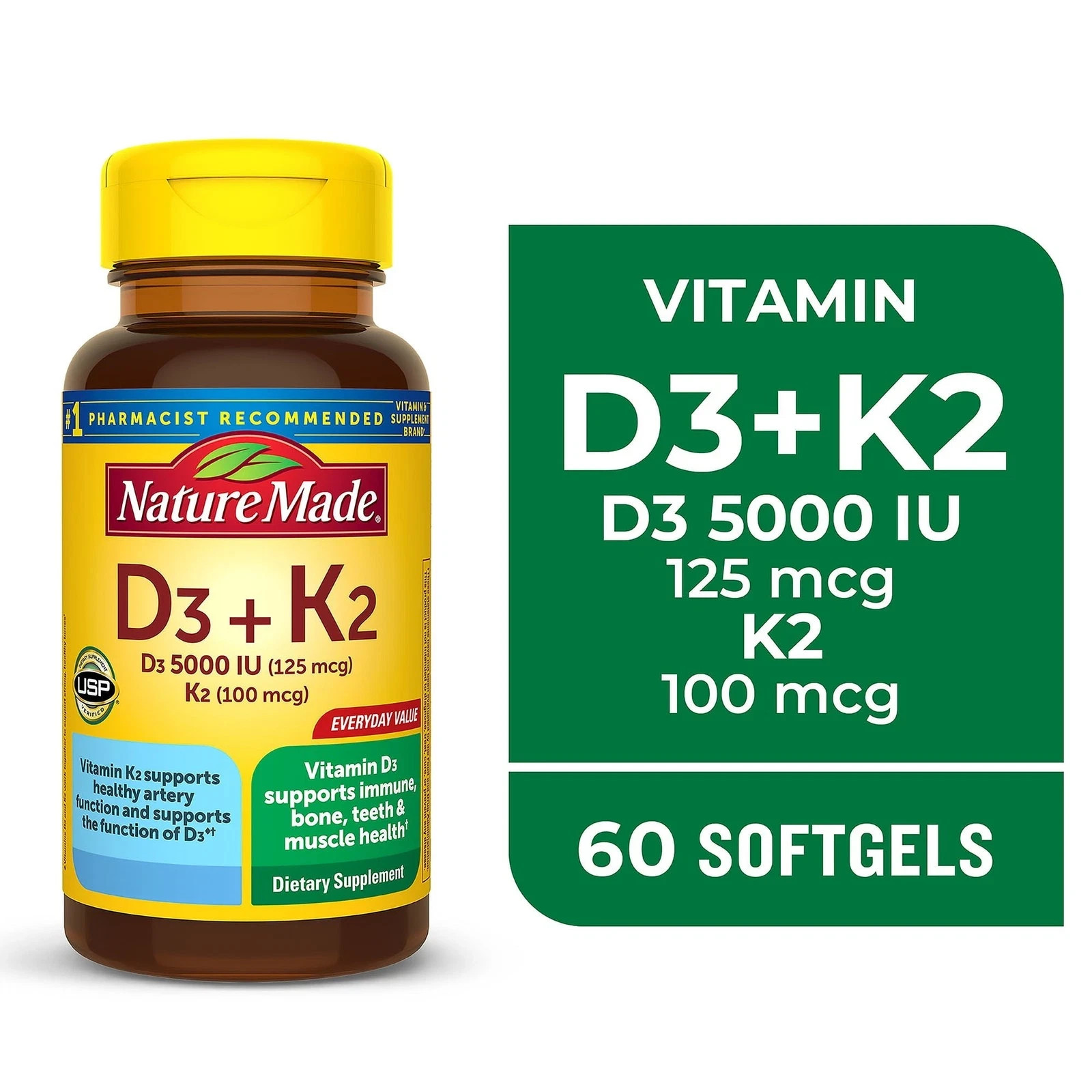Nature Made Vitamin D3 K2 5000 IU Softgels125 mcg Dietary Supplement 60ct