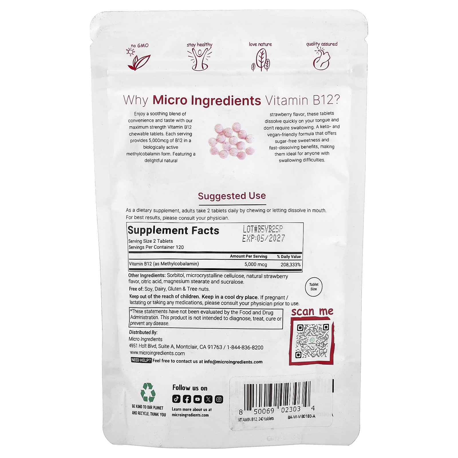 Vitamin B12 Methylcobalamin, Strawberry, 240 Chewable Tablets (2,500 mcg per