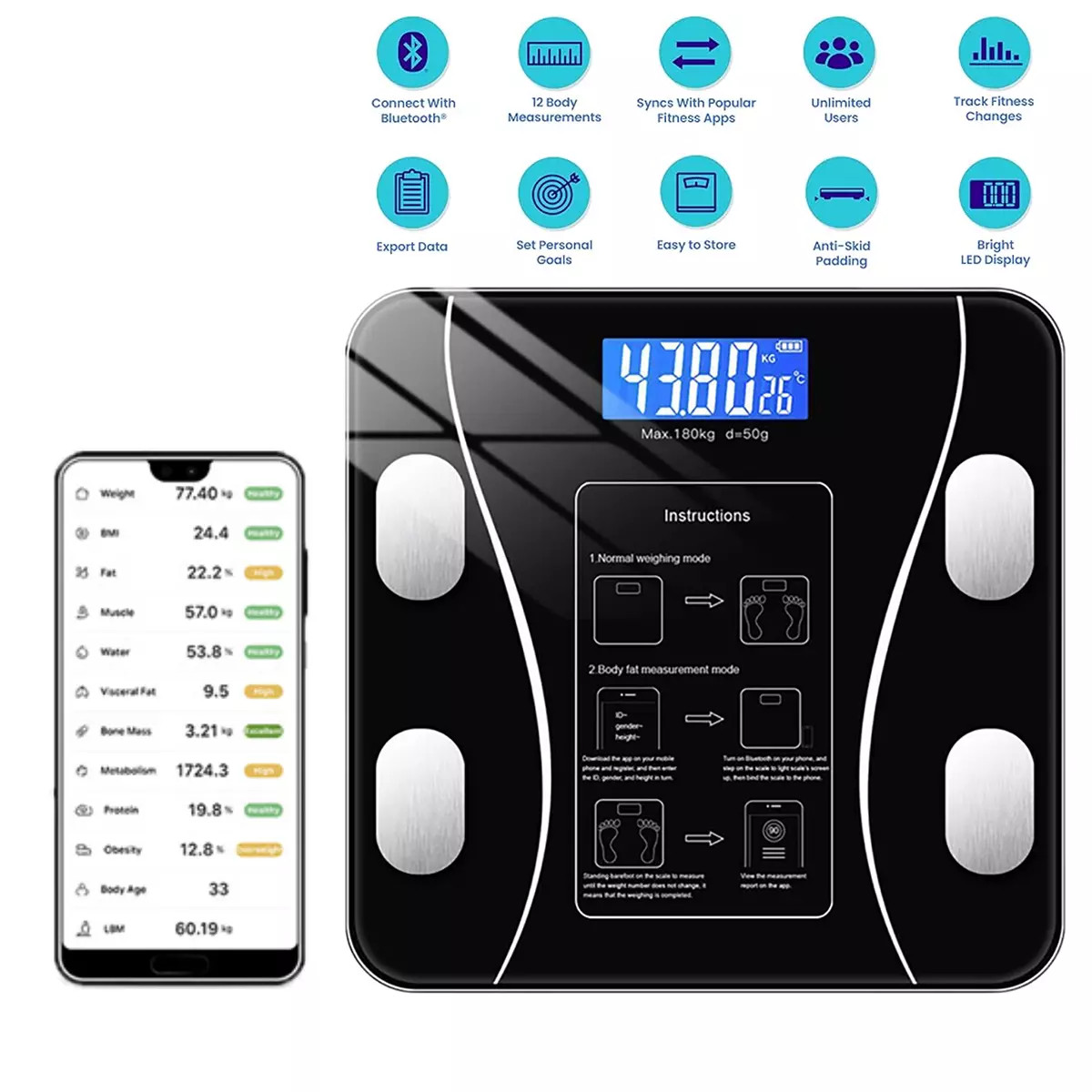 Smart Scale For Body Weight BMI Bluetooth Body Fat Scale Digital Bathroom Scale
