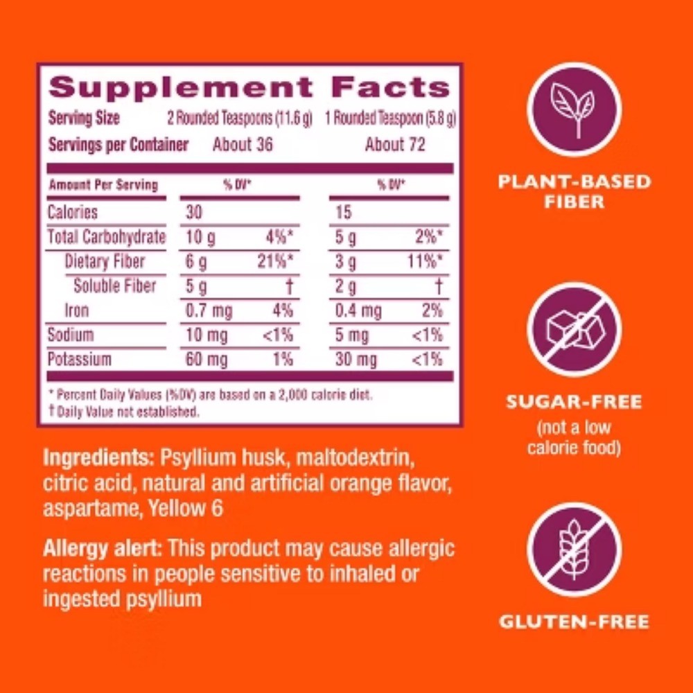 Metamucil Psyllium Fiber Supplement Sugar Free Powder – Orange
