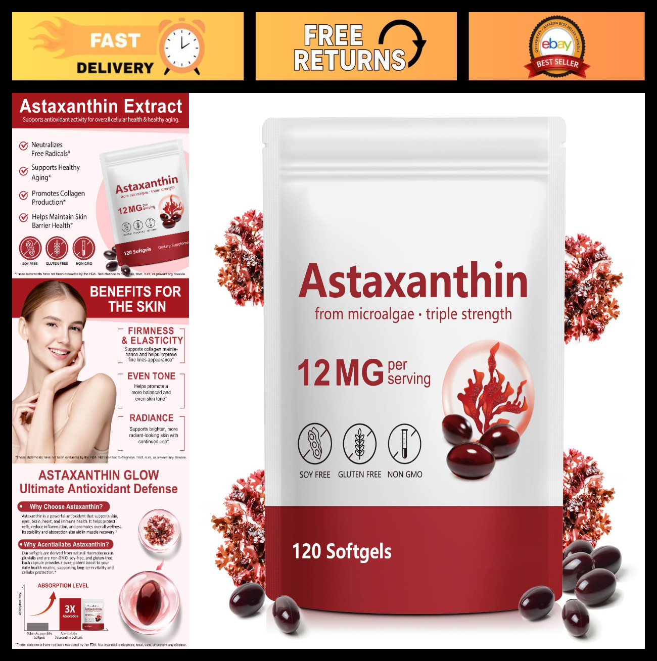 Astaxanthin 12mg Softgels – 120 Count, Natural Antioxidant, 4 Month Supply
