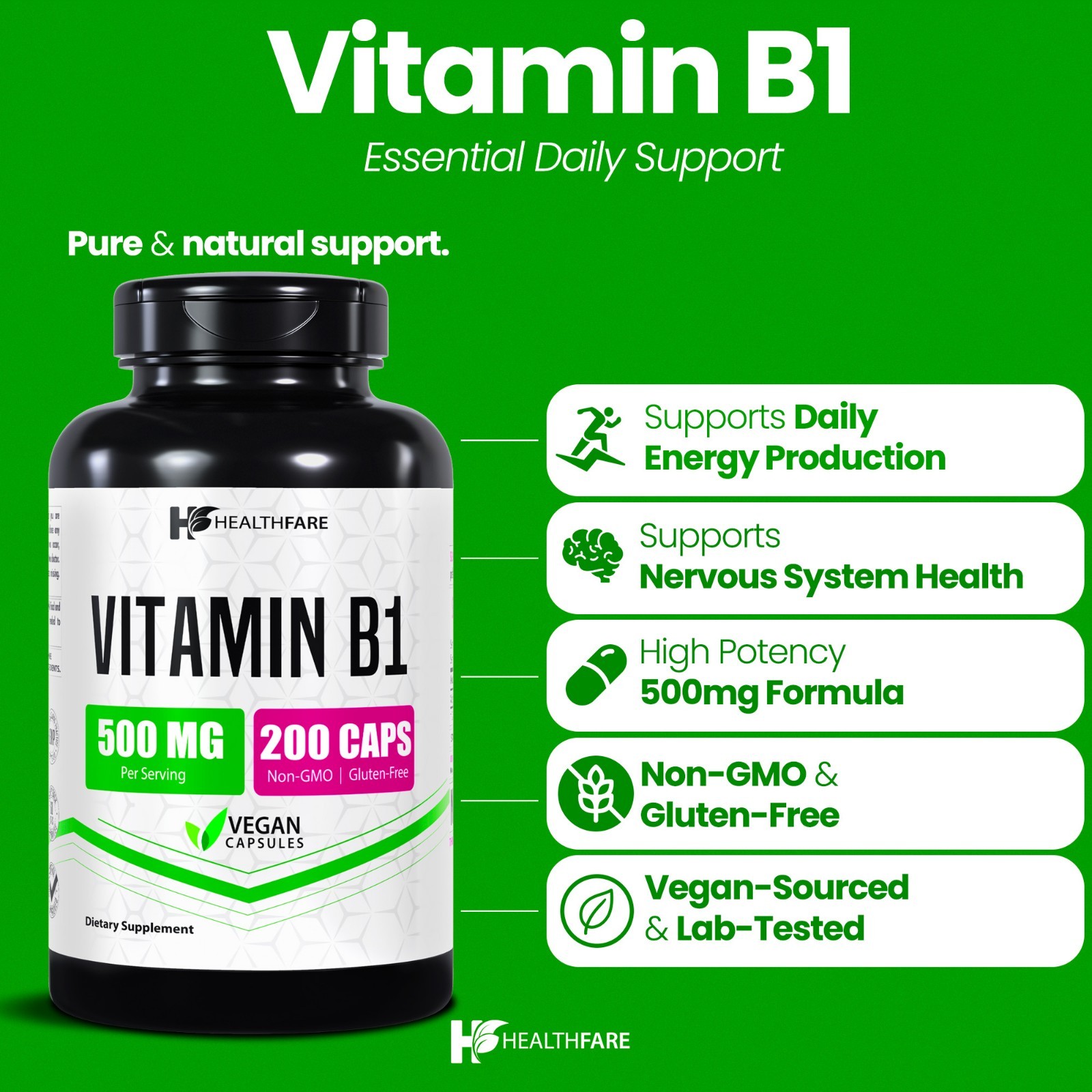 Healthfare Vitamin B1 500mg 200 Vegan Capsule Thiamine Supplement Overall Health