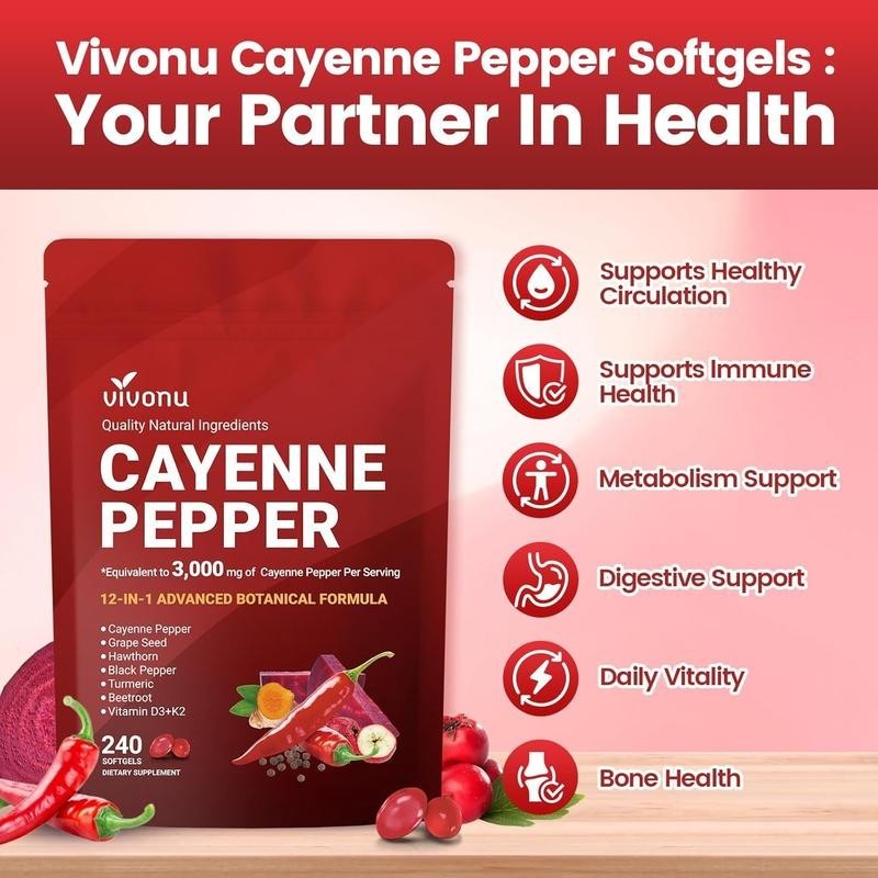 VivoNu Cayenne Pepper Softgels Supports Heart Vein Blood Vessel Health Vitamin E