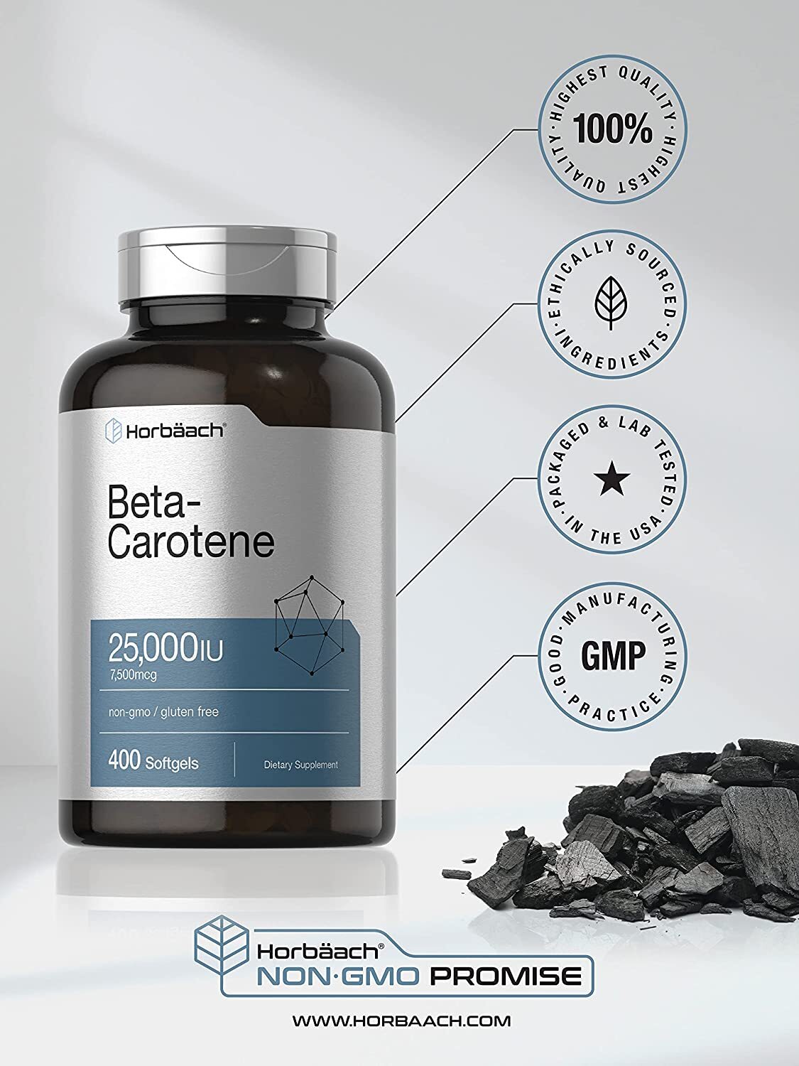 Beta Carotene 25000 iu Softgels | 7,500 mcg | 400 Count | Non-GMO | by Horbaach