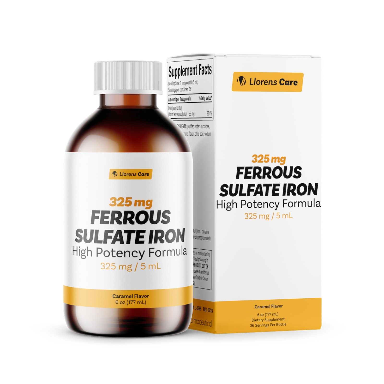 Ferrous Sulfate 325mg Liquid Iron 65mg of Elemental Iron by Llorens Care – 6 oz