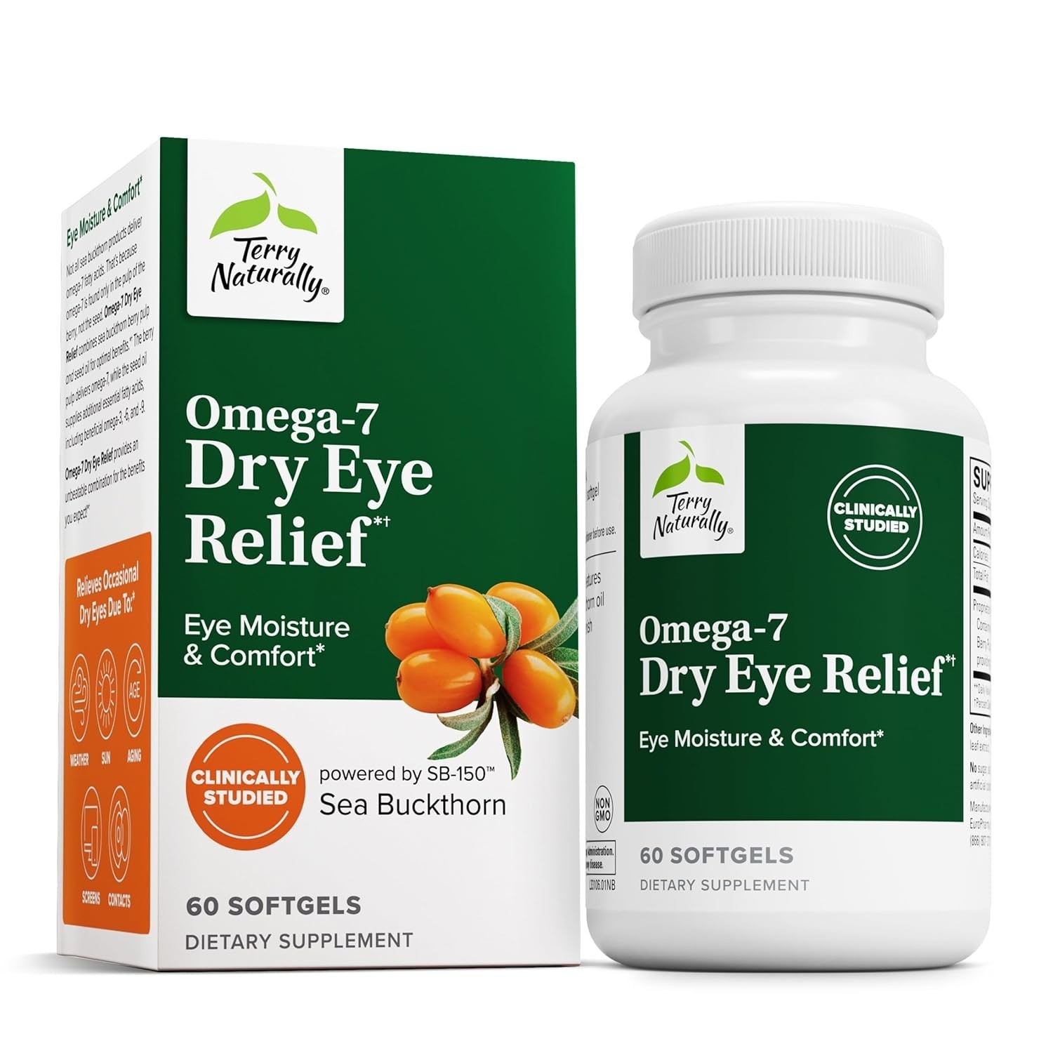 Terry Naturally Omega-7 Dry Eye Relief Lot of 3=180 Softgels Exp. 07/2026