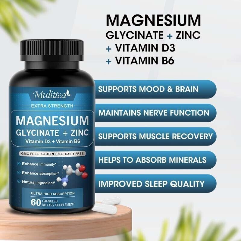 Magnesium Glycinate 500mg Zinc Vitamin D3 Improved Sleep, Stress, Anxiety Relief