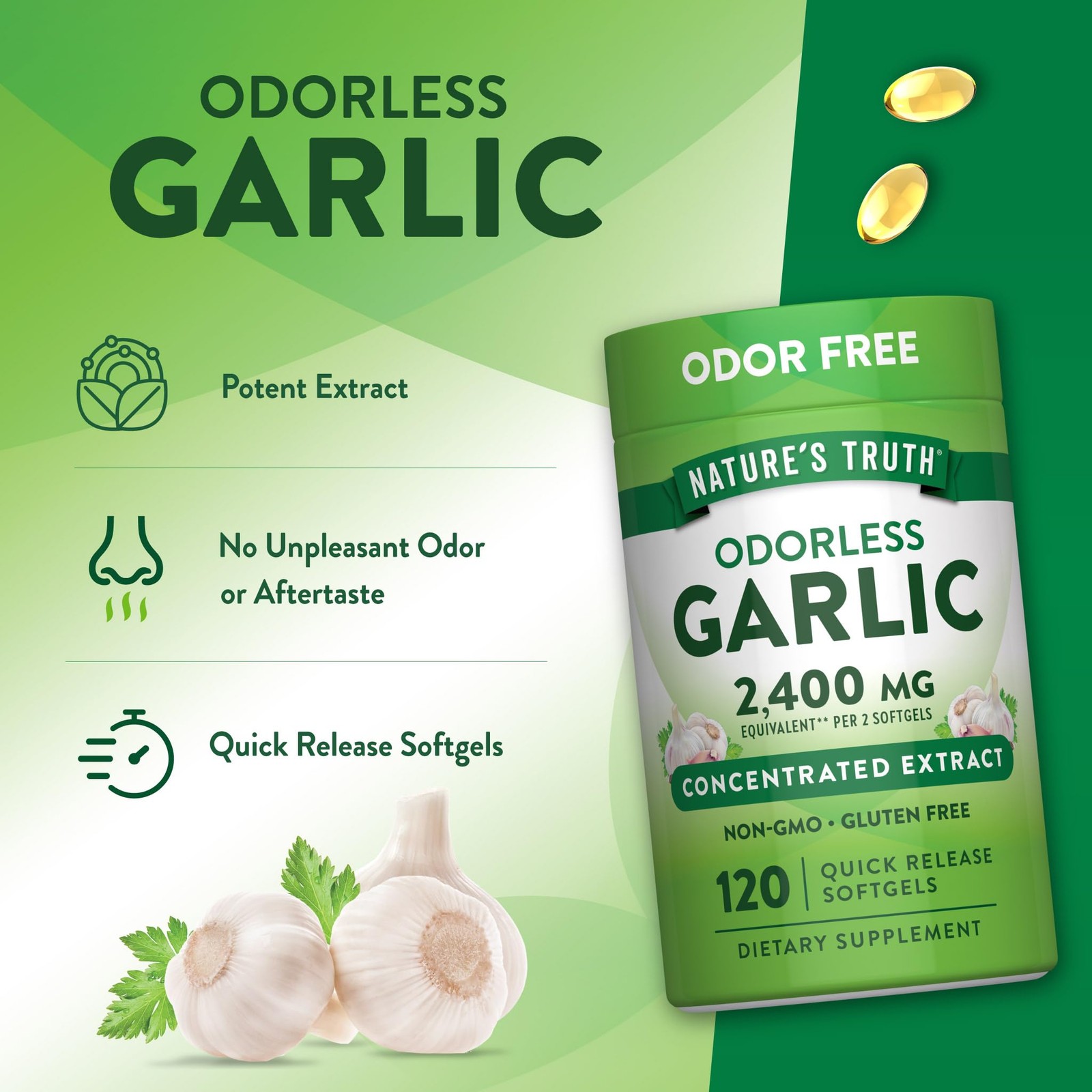 Nature’s Truth Odorless Garlic | 120 Softgels | 120 Count (Pack of 1), Green